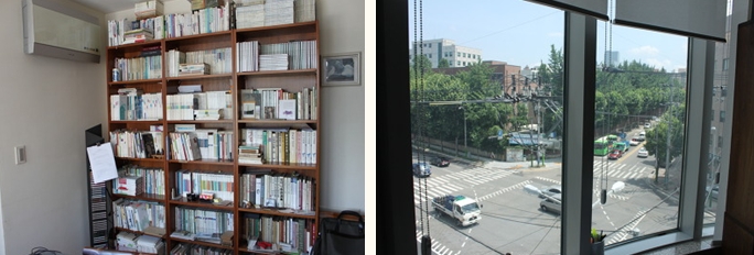 다른 서울 강남풍경과는 달리 한 대학교 사거리에 위치한 그의 작업실은 꽤나 평화로웠다. 종종 유리창 앞에 앉아 밖을 구경하기도 한다고, 작업실 내부는 여러가지 책으로 빽빽히 둘러싸여 있었다.