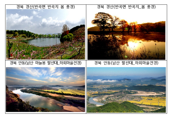 사진1-경북 경산(반곡면 반곡지 봄 풍경), 사진2-경북 경산(반곡면 반곡지 봄 풍경), 사진3-경북 안동(남산 마늘봉 팔선대 하회마을전경), 사진4-경북 안동(남산 팔선대 하회마을전경)