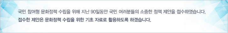 국민 참여형 문화정책 수립을 위해 지난 100일동안 국민 여러분들의 소중한 정책 제안을 접수하였습니다.접수한 제안은 문화정책 수립에 소중한 자료로 활용하도록 하겠습니다.