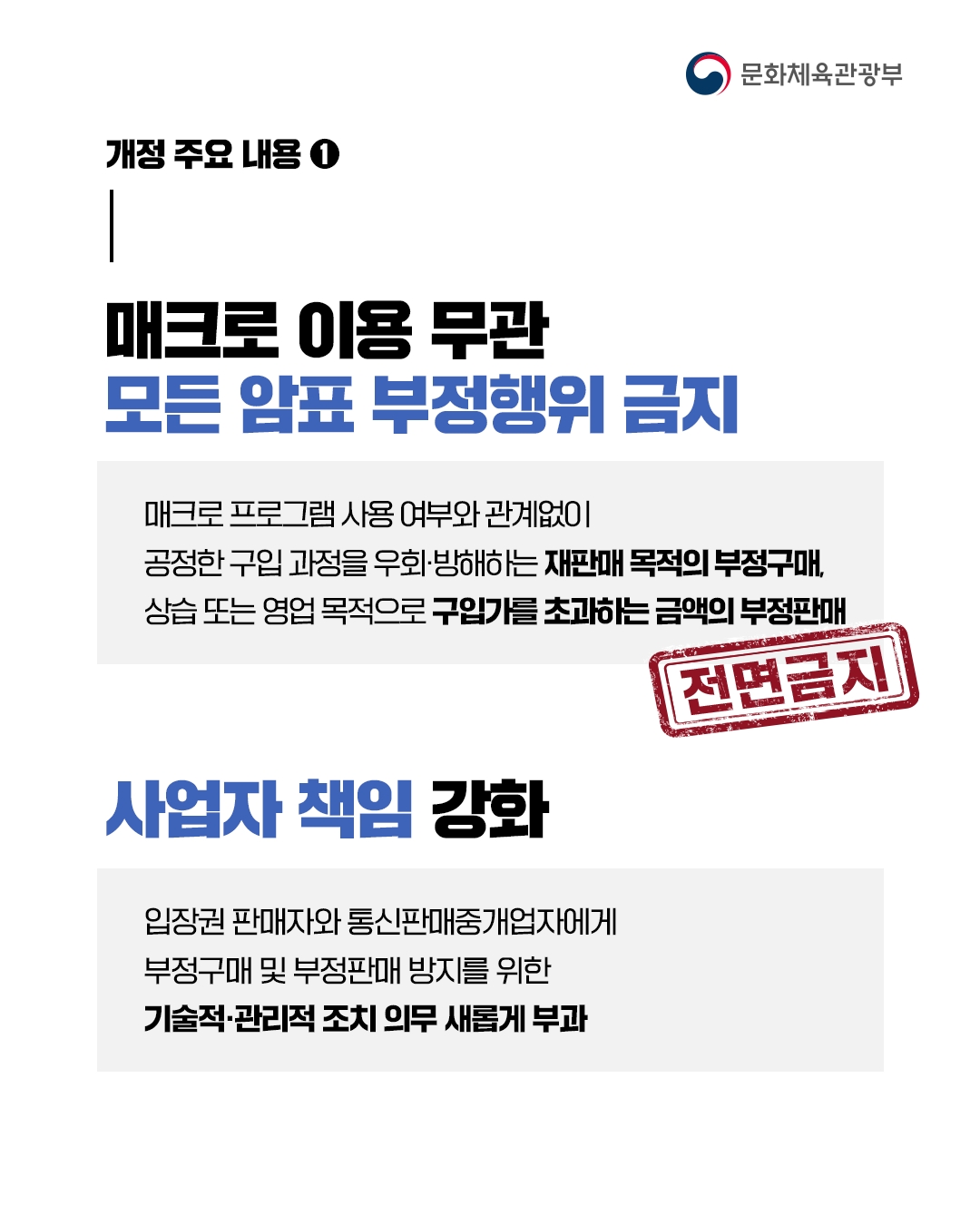 [문화체육관광부]

개정 주요 내용①

매크로 이용 무관
모든 암표 부정행위 금지

매크로 프로그램 사용 여부와 관계없이
공정한 구입 과정을 우회ㆍ방해하는 재판매 목적의 부정구매,
상습 또는 영업 목적으로 구입가를 초과하는 금액의 부정판매
전면금지

사업자 책임 강화

입장권 판매자와 통신판매중개업자에게
부정구매 및 부정판매 방지를 위한
기술적ㆍ관리적 조치 의무 새롭게 부과