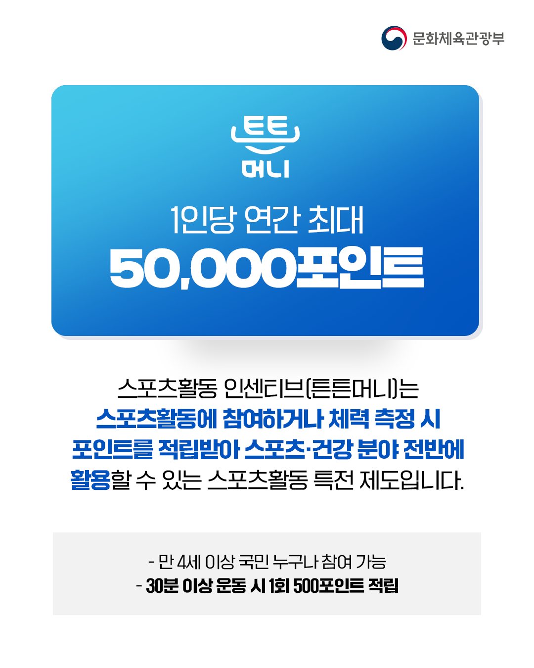 [문화체육관광부]

튼튼머니
1인당 연간 최대
50,000포인트

스포츠활동 인센티브(튼튼머니)는
스포츠활동에 참여하거나 체력 측정 시
포인트를 적립받아 스포츠ㆍ건강분야 전반에
활용할 수 있는 스포츠활동 특전 제도입니다.

-만 4세 이상 국민 누구나참여가능
-30분 이상 운동시 1회 500포인트 적립