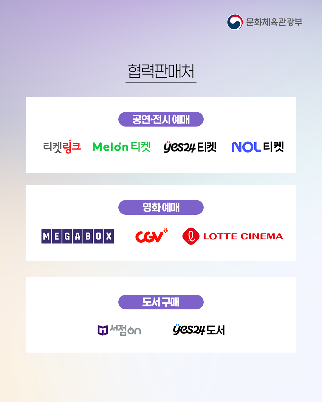 협력판매처
공연·전시 예매
- 티켓링크, Melon티켓, yes24티켓, NOL티켓
영화 예매
- 메가박스, CGV, 롯데시네마
도서 구매
- 서점ON, yes24도서
