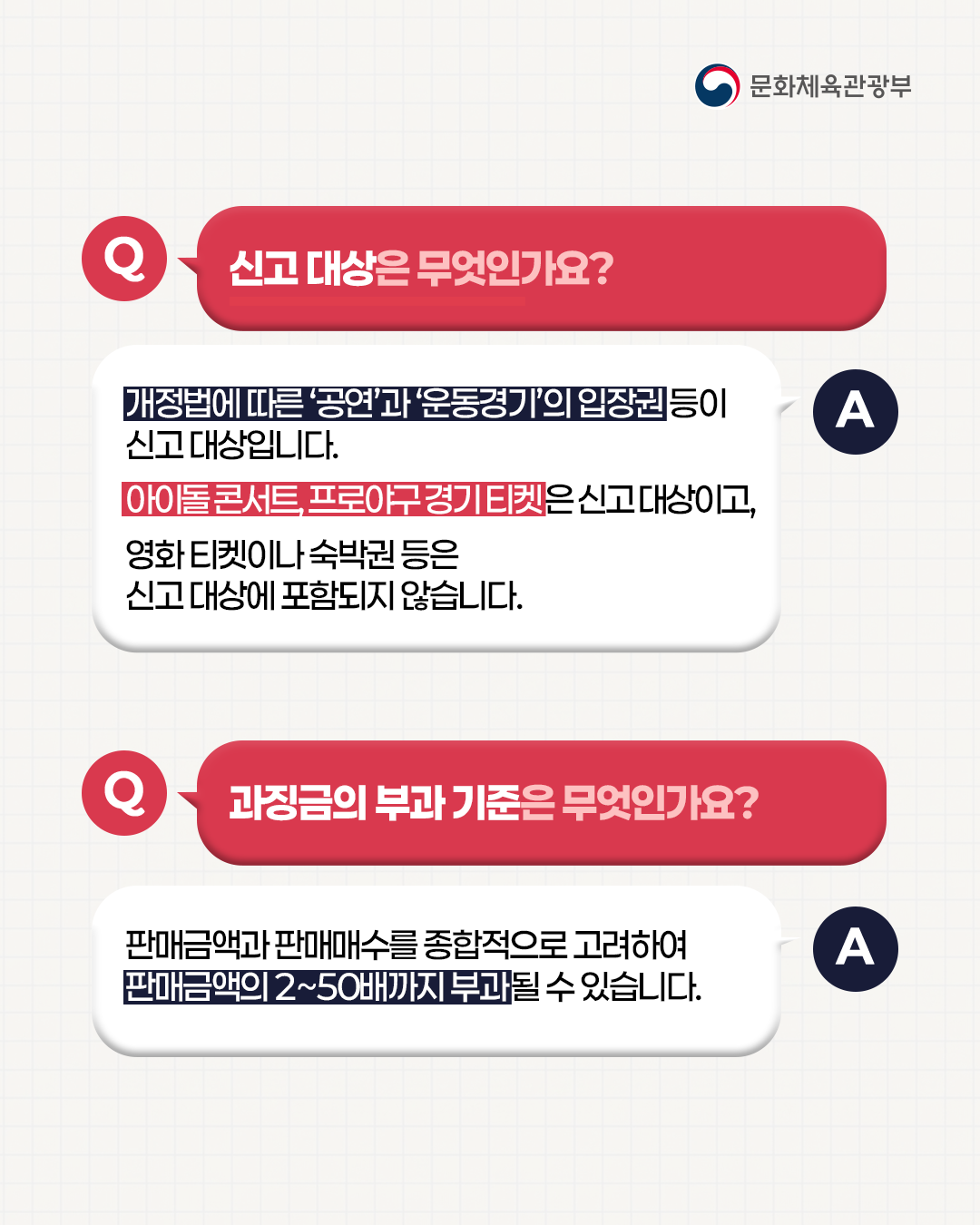 Q) 신고 대상은 무엇인가요?
A) 개정법에 따른 '공연'과 '운동경기'의 입장권 등이 신고 대상입니다. 아이돌 콘서트, 프로야구 경기 티켓은 신고 대상이고, 영화 티켓이나 숙박권 등은 신고 대상에 포함되지 않습니다.

Q) 과징금의 부과 기준은 무엇인가요?
A) 판매금액과 판매매수를 종합적으로 고려하여 판매금액의 2~50배까지 부과될 수 있습니다.