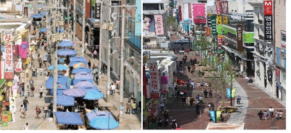 동성로 디자인 개선사업 전(좌)과 후(우)의 달라진 모습.