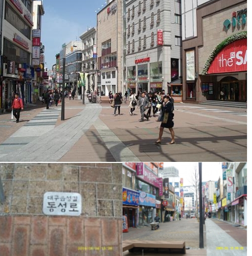 동성로는 대구읍성이 있던 자리임을 감안, 디자인 개선과 함께 역사성을 불어넣는 데 초점을 맞췄다. 바닥의 흰색 표면이 장대석을 깔아놓은 부분이다.