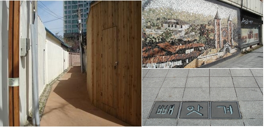이상화 고택으로 이어지는 근대골목길(좌), 길옆 벽면과 바닥도 역사와 문화의 흔적을 느낄 수 있도록 디자인했다.(우)