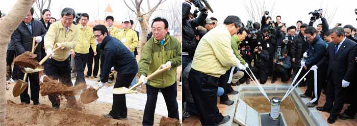 녹색 성장의 활기찬 시작을 기원하며 참석한 주요 인사들의 식재 행사 모습