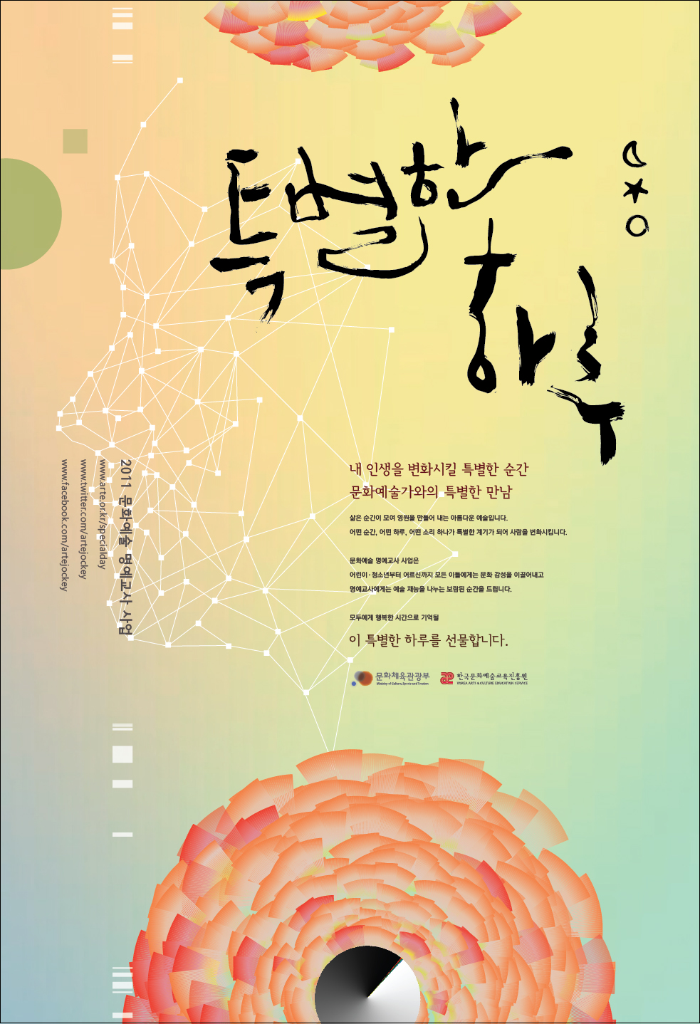 특별한 하루



내 인생을 변화시킬 특별한 순간

문화예술가와의 특별한 만남



삶은 순간이 모여 영원을 만들어내는 아름다운 예술입니다.

어떤 순간, 어떤 하루, 어떤 소리하나가 특별한 계기가 되어 사람을 변화시킵니다

문화예술 명예교사 사업은 

어린이,청소년부터어르신까지 모든 이들에게는 문화감성을 이끌어내고 명예고사에게는 예술재능을 나누는 보람된 순간을 드립니다. 모두에게 행복한 시간으로 기억될 이 특별한 하루를 선물합니다. 문화체육관광부와 한국문화예술교육진흥원