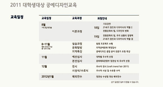 "2011 대학생대상 공예디자인 교육"의 일정표.