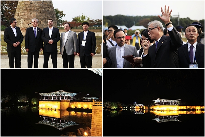 첨성대에서 설명을 하고 있는 최광식 문화체육관광부 장관(상)과 안압지의 야경(하) 