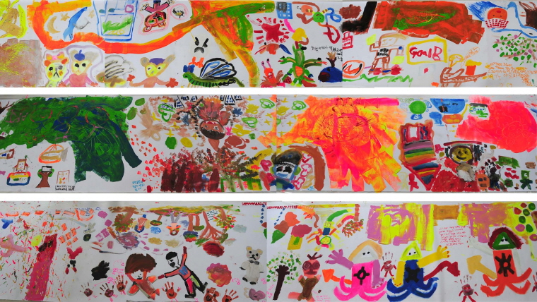 독일 Little ART 대표 엘레나 앵커 강사의 ‘즐겁고 행복한 세상은 어떻까? 그리고 누가 살고 있을까?’라는 질문에 자신들의 생각을 그림으로 표현해 완성한 합동 작품