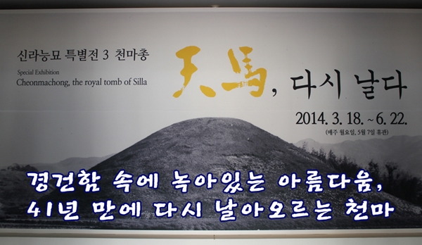 신라능묘 특별전 3 천마총 Special Exhibition Cheonmachong, the royal tomb of Silla 天馬, 다시 날다 2014. 3. 18 ~ 6.22.(매주 월요일, 5월 7일 휴관) 경건함 속에 녹아있는 아름다움, 41년 만에 다시 날아오르는 천마