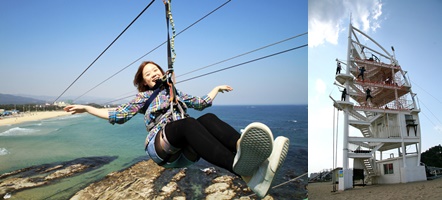 즐겁게 바다를 가르며 아라나비를 타고 있는 관광객