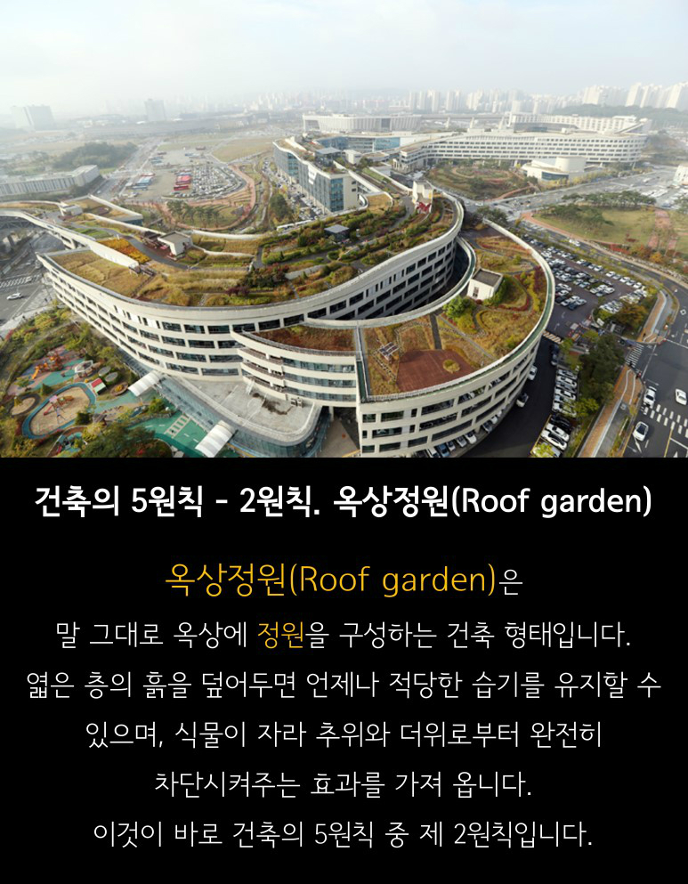 건축의 5원칙-2원칙. 옥상정원(Roof garden) 옥상정원(Roof garden)은 말 그대로 옥상에 정원을 구성하는 건축형태입니다. 엷은 층의 흙을 덮어주면 언제나 적당한 습기를 유지할 수 있으며, 식물이 자라 추위와 더위로부터 완전히 차단시켜주는 효과를 가져옵니다. 이것이 바로 전축의 5원칙 중 제 2원칙입니다.