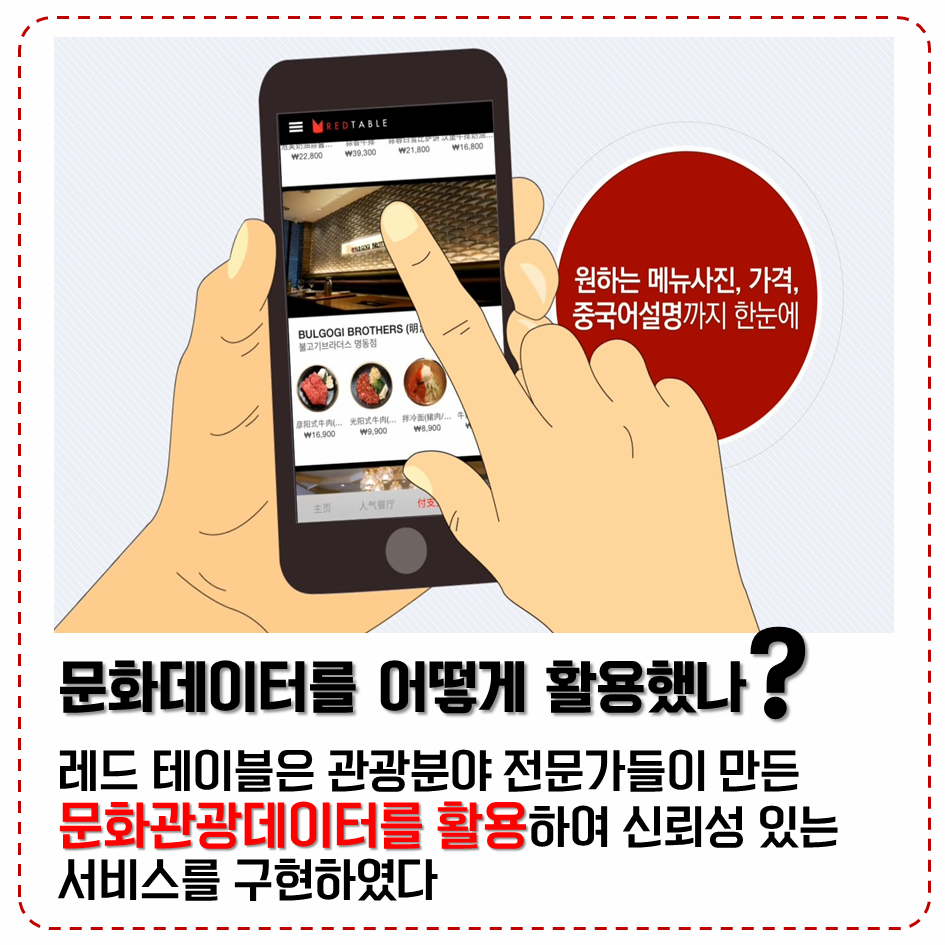 문화데이터를 어떻게 활용했나? 레드 테이블은 관광분야 전문가들이 만든 문화관광데이터를 활용하여 신뢰성 있는 서비스를 구현하였다