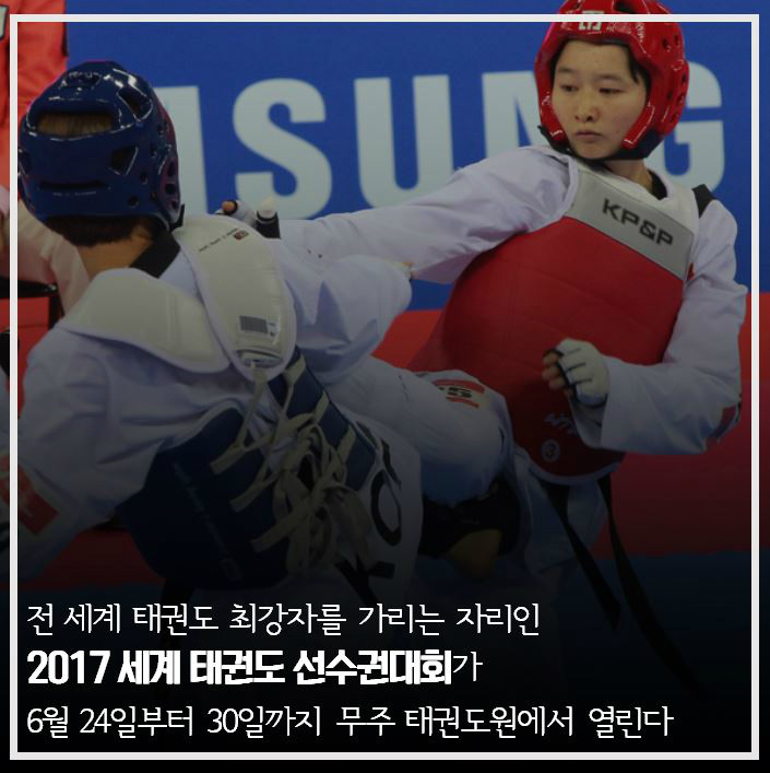 전 세계 태권도 최강자를 가리는 자리인 2017 세계 태권도 선수권 대회가 6월24일부터 30일까지 무주 태권도원에서 열린다.