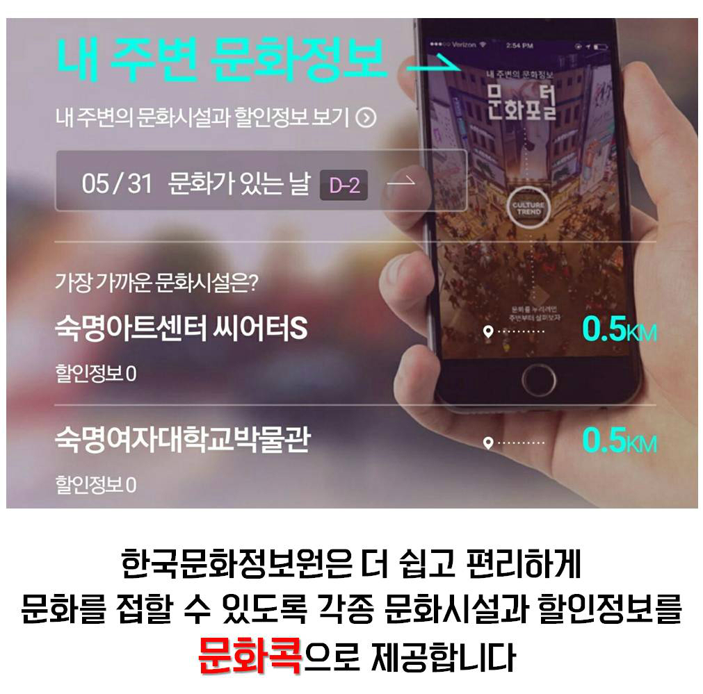 한국문화정보원은 더 쉽고 편리하게 문화를 접할 수 있도록 각종 문화시설과 할인정보를 문화콕으로 제공합니다