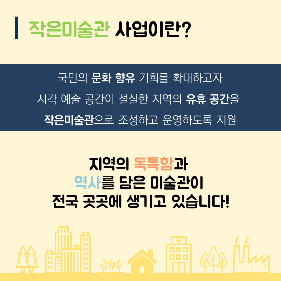 작은미술관 사업이란? 국민의 문화 향유 기회를 확대하고자 시각 예술 공간이 절실한 지역의 유휴 공간을 작은미술관으로 조성하고 운영하도록 지원  지역의 독특함과 역사를 담은 미술관이 전국 곳곳에 생기고 있습니다!