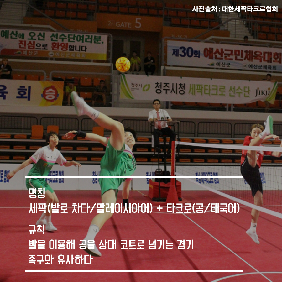 명칭 세팍(발로 차다/말레이시아어) + 타크로(공/태국어)  규칙 발을 이용해 공을 상대 코트로 넘기는 경기 족구와 유사하다  사진출처:대한세팍타크로협회