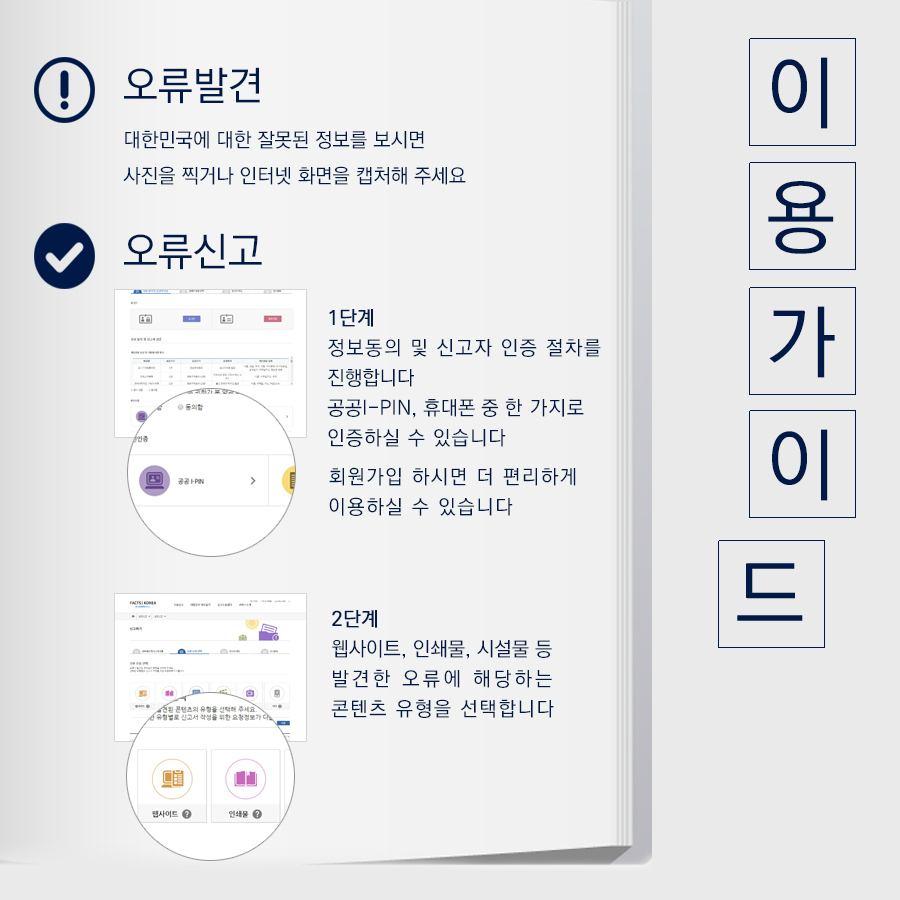 이용가이드  오류발견 - 대한민국에 대한 잘못된 정보를 보시면 사진을 찍거나 인터넷 화면을 캡처해 주세요  ·오류신고 1단계 - 정보동의 및 신고자 인증 절차를 진행합니다 공공I-PIN, 휴대폰 중 한 가지로 인증하실 수 있습니다 회원가입 하시면 더 편리하게 이용하실 수 있습니다  2단계 웹사이트, 인쇄물, 시선물 등 발견한 오류에 해당하는 콘텐츠 유형을 선택합니다