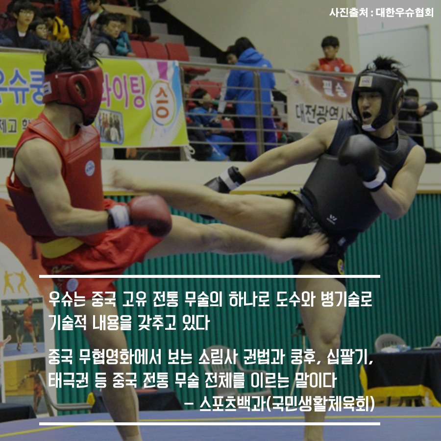 우슈는 중국 고유 전통 무술의 하나로 도수와 병기술로 기술적 내용을 갖추고 있다  중국 무협영화에서 보는 소림사 권법과 쿵후, 십팔기, 태극권 등 중국 전통 무술 전체를 이르는 말이다 -스포츠백과(국민생활체육회)  사진출처:대한우슈협회