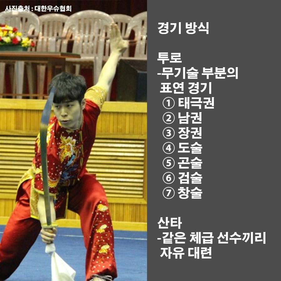 경기방식  투로 -무기술 부분의 표연경기 1.태극권 2.남권 3.장권 4.도술 5.곤술 6.검술 7.창술  산타 -같은 체급 선수끼리 자유대전  사진출처:대한우슈협회