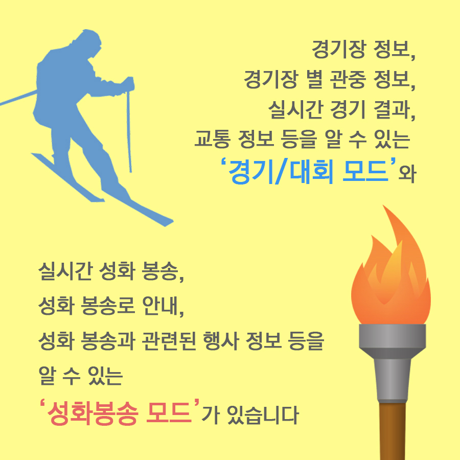 경기장 정보, 경기장 별 관중 정보, 실시간 경기 결과, 교통 정보 등을 알 수 있는 '경기/대회 모드'와 실시간 성화 봉송, 성화 봉송로 안내, 성화 봉송과 관련된 행사 정보 등을 알 수 있는 '성화봉송 모드'가 있습니다