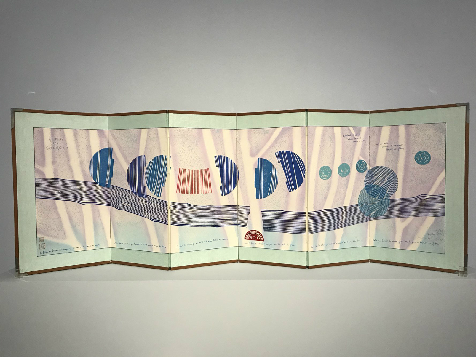 <샘물의 신비>, 1977, 종이에 목판, 6곡 병풍