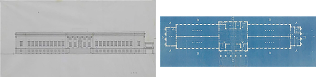 (좌)<정면도>, 1936-37 추정 (우)<2층평면도>, 1936-37 추정