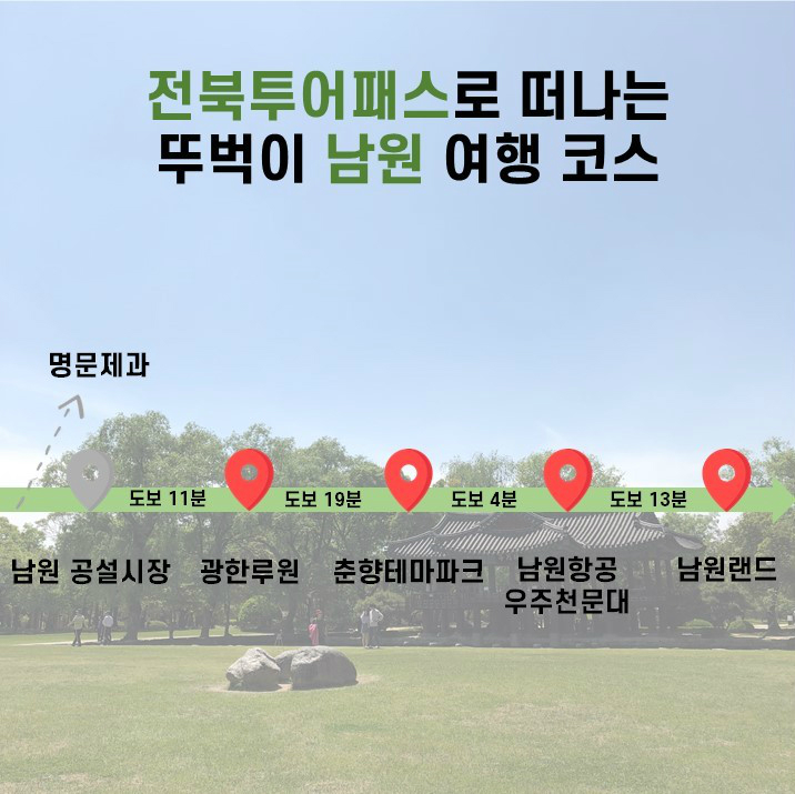 전북투어패스로 떠나는 뚜벅이 남원 여행 코스  명문제과 남원 공설시장 도보 11분 광한루원 도보 19분 춘향테마파크 도보 4분 남원항공우주천문대  도보 13분 남원랜드