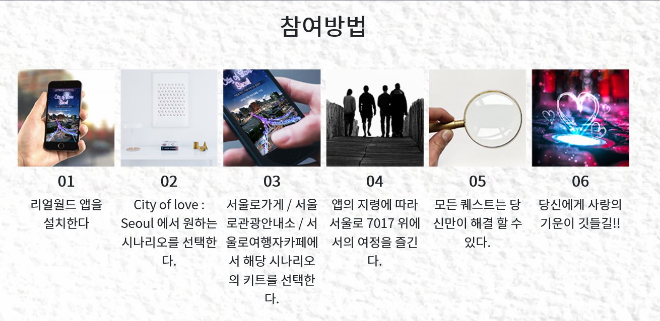  리얼월드 참여 방법 01.리얼월드 앱을 설치한다. 02.City of love : Seoul에서 원하는 시나리오를 선택한다. 03.서울로가게/서울로관광안내소/서울로여행자카페에서 해당 시나리오의 키트를 선택한다. 04.앱의 지령에 따라 서울의 7017 위에서의 여정을 즐긴다. 05.모든 퀘스트는 당신만이 해결 할 수 있다. 06.당신에게 사랑의 기운이 깃들길!!