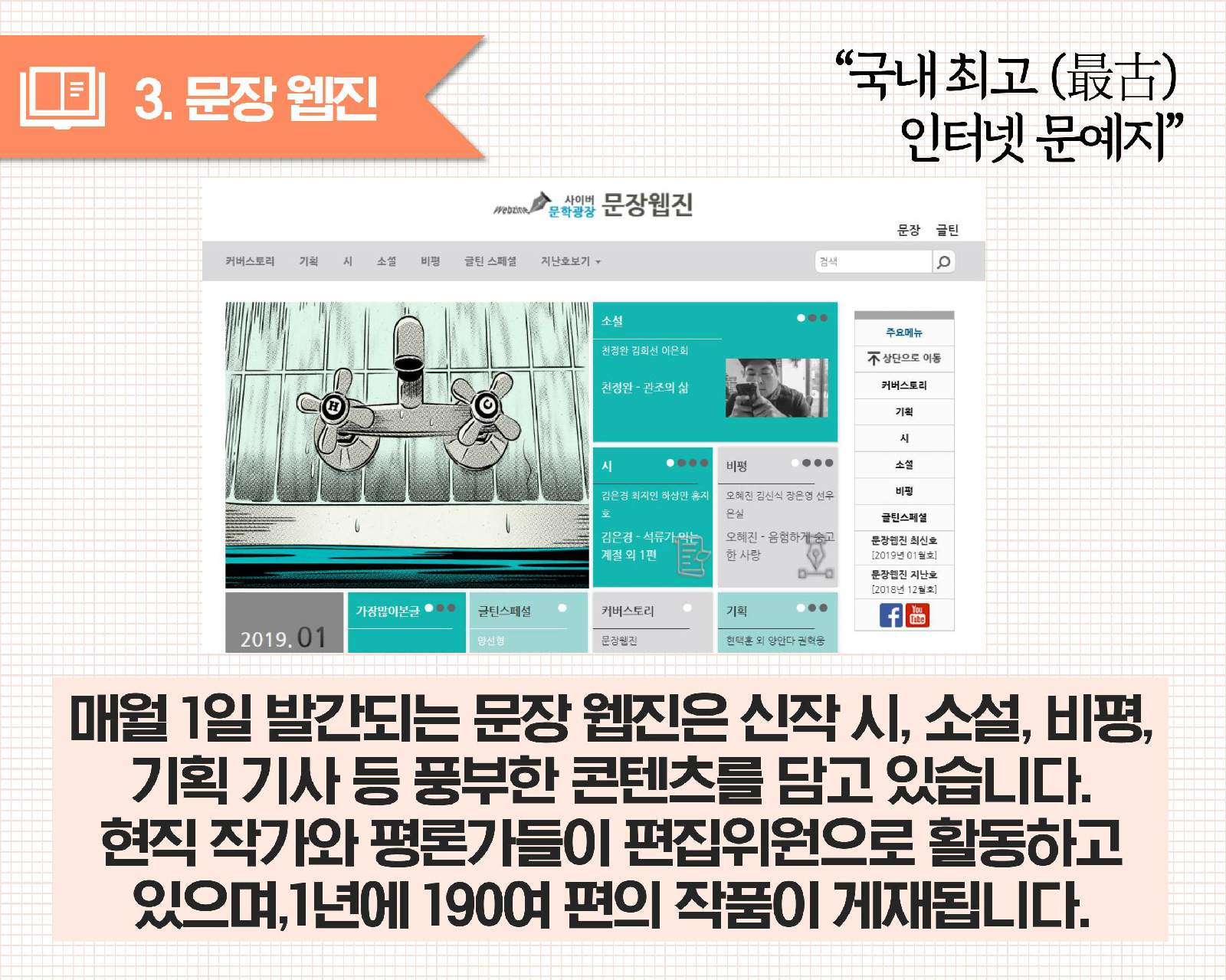 3.문장 웹진 국내최고(最古) 인터넷 문예지 | 매월 1일 발간되는 문장 웹진은 신작 시, 소설, 비평, 기획 기사 등 풍부한 콘텐츠를 담고 있습니다. 현직 작가와 평론가들이 편집위원으로 활동하고 있으며, 1년에 190여 편의 작품이 게재됩니다.
