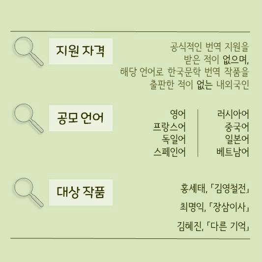 지원 자격 공식적인 번역 지원을 받은 적이 없으며, 해당 언어로 한국문학 번역 작품을 출판한 적이 없는 내외국인 | 공모 언어 영어, 프랑스어, 독일어, 스페인어, 러시아어, 중국어, 일본어, 베트남어 | 대상 작품 홍세태,「김영철전」최명익,「장삼이사」김혜진,「다른 기억」