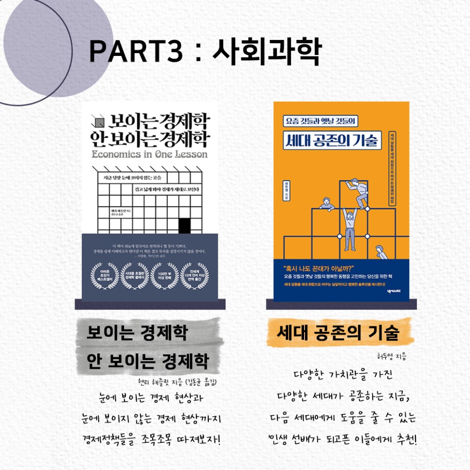 PART3 : 사회과학 ㅣ 보이는 경제학 안 보이는 경제학 ㅣ 눈에 보이는 경제 현상과 눈에 보이지 않는 경제 현상까지 경제정책들을 조목조목 따져보자! ㅣ 세대공존의 기술 ㅣ 다양한 가치관을 가진 다양한 세대가 공존하는 지금, 다음 세대에게 도움을 줄 수 있는 인생선배가 되고픈 이들에게 추천!