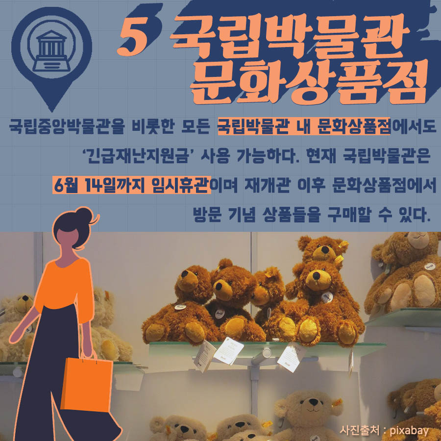 5.국립박물관 문화상품점 - 국립중앙박물관을 비롯한 모든 국립박물관 내 문화상품점에서도 '긴급재난지원금 '사용 가능하다. 현재 국립박물관은 6월14일까지 임시휴관이며 재개관 이후 문화상품점에서 방문 기념 상품들을 구매할 수 있다.