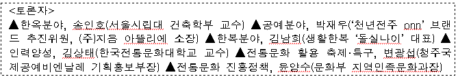 토론자 -한옥분야, 송인호(서울시립대 건축학부 교수) -공예분야, 박재우('천년전주 onn'브랜드 추진위원, (주)지음 아뜰리에 소장) -한옥분야, 김남희(생활한복 '돌실나이'대표) -인력양성, 김상태(한국전등문화대학교 교수) -전통문화 활용 축제.특구, 변광섭(청주국제공예비엔날레 기획홍보부장) -전통문화 진흥정책, 윤양수(문화부 지역민족문화과장)