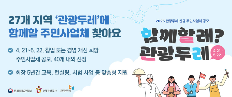 27개 지역 ‘관광두레’에 함께할 주민사업체 찾아요 | 4. 21~5. 22. 창업 또는 경영 개선 희망 주민사업체 공모, 40개 내외 선정  | 최장 5년간 교육, 컨설팅, 시범 사업 등 맞춤형 지원