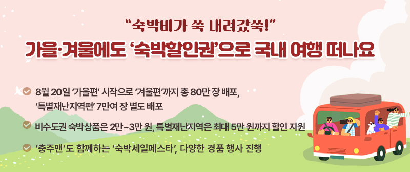 “숙박비가 쑥 내려갔쑥!” 가을·겨울에도 ‘숙박할인권’으로 국내 여행 떠나요 | 8월 20일 ‘가을편’ 시작으로 ‘겨울편’까지 총 80만 장 배포, ‘특별재난지역편’ 7만여 장 별도 배포 | 비수도권 숙박상품은 2만~3만 원, 특별재난지역은 최대 5만 원까지 할인 지원 | ‘충주맨’도 함께하는 ‘숙박세일페스타’, 다양한 경품 행사 진행