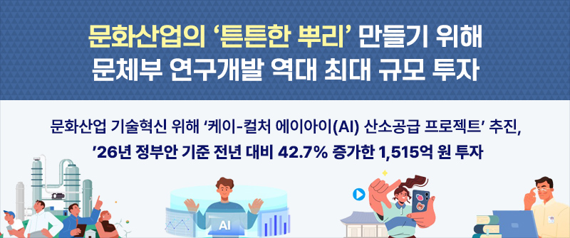 문화산업의 ‘튼튼한 뿌리’ 만들기 위해 문체부 연구개발 역대 최대 규모 투자 |  문화산업 기술혁신 위해 ‘케이-컬처 에이아이(AI) 산소공급 프로젝트’ 추진, ’26년 정부안 기준 전년 대비 42.7% 증가한 1,515억 원 투자