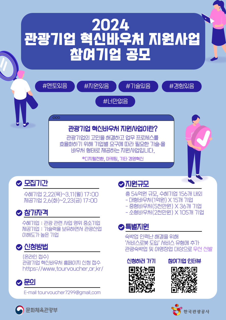 그림입니다. 원본 그림의 이름: 2024 관광기업 혁신바우처 공모 포스터 최종_0 (1).png 원본 그림의 크기: 가로 891pixel, 세로 1260pixel