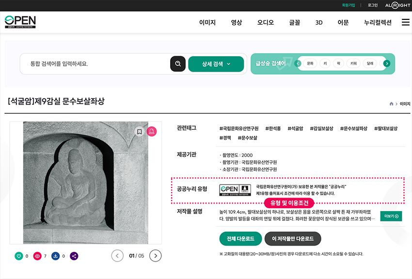저작물에 적용된 공공누리 유형 및 이용조건 확인 화면캡쳐