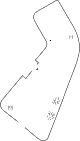1층 안내도 - 정문 출입문을 기준으로 왼편에는 2층 가는길(관광정책관)과 계단 아래 현금인출기가 위치함. 오른편으로 매점과 남녀 화장실 밑 출입문이 위치함. 정문 출입문 정면 오른편으로 안내데스크와 엘리베이터가 위치하며 정면 왼편으로 북카페와 민원실 및 남녀화장실이 위치함.
