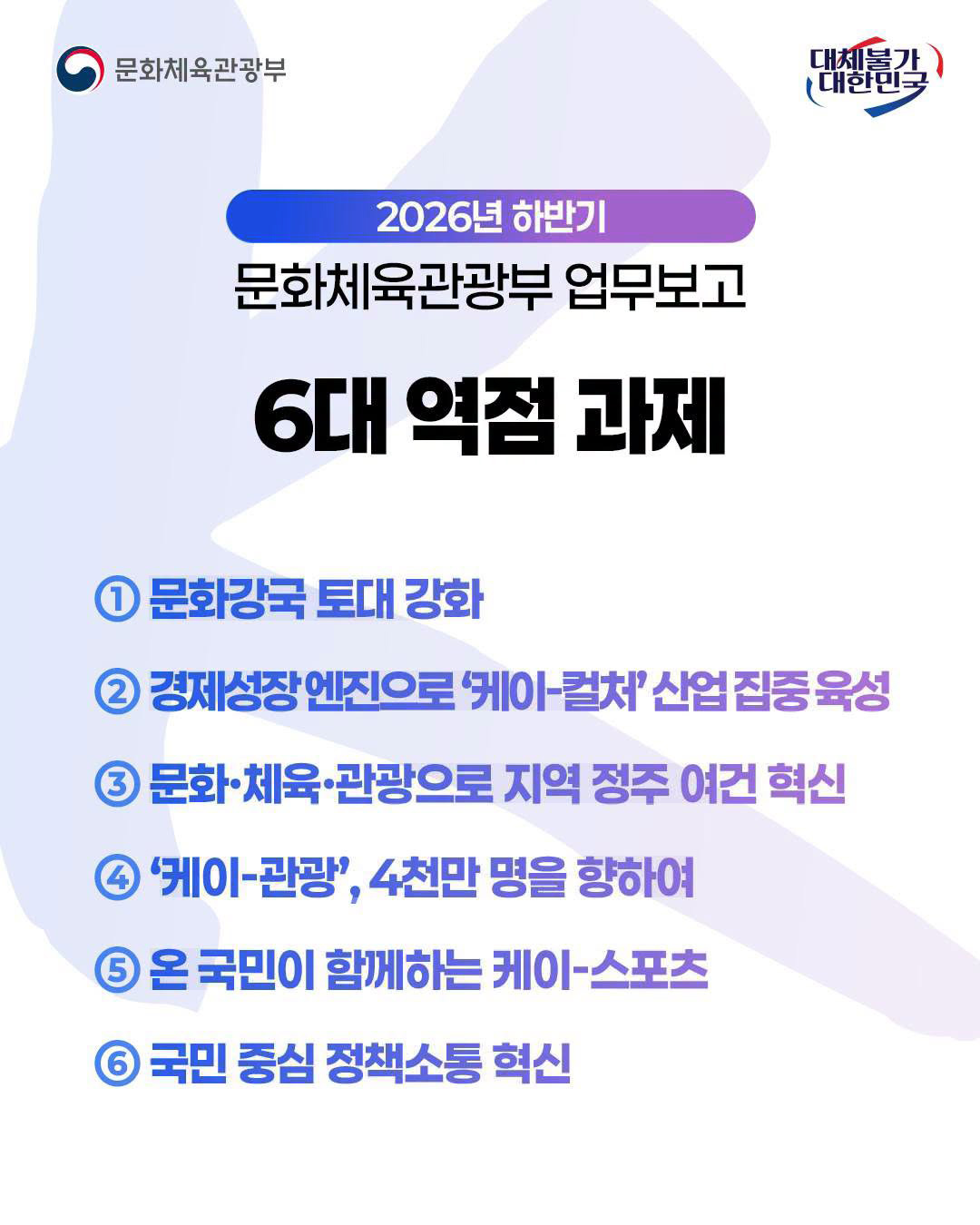 문화체육관광부국,대체불가 대한민국 | 2026년 하반기 문화체육관광부 업무보고- 6대 역점 과제